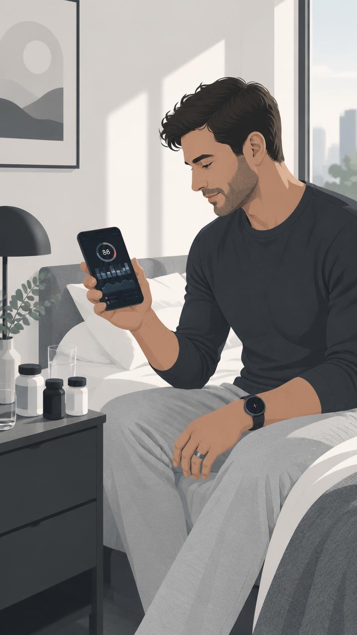 Illustration of a man checking his sleep score with a smart ring and watch