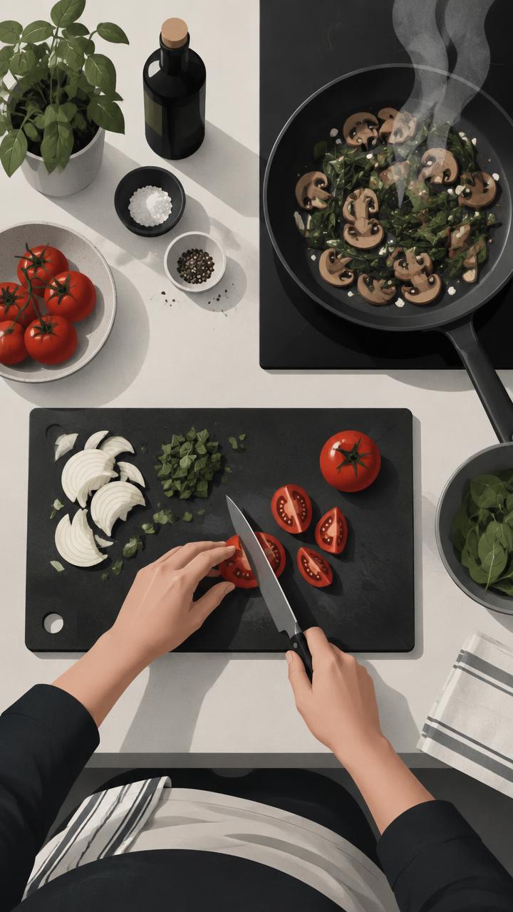 Illustration of hands chopping tomatoes for a cooking video