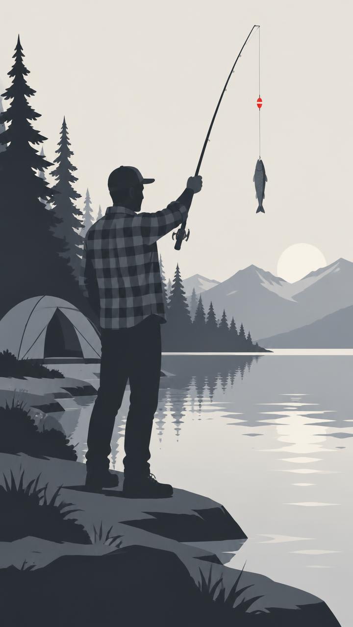 Illustration of a man holding up a fish on a fishing rod by a lake with a tent behind him