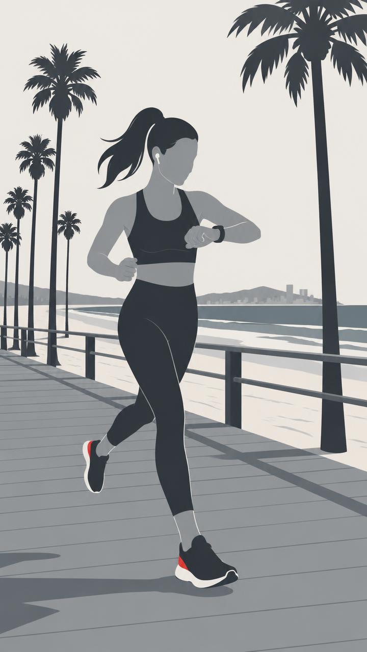 Illustration of a woman jogging on a beach boardwalk checking her running watch