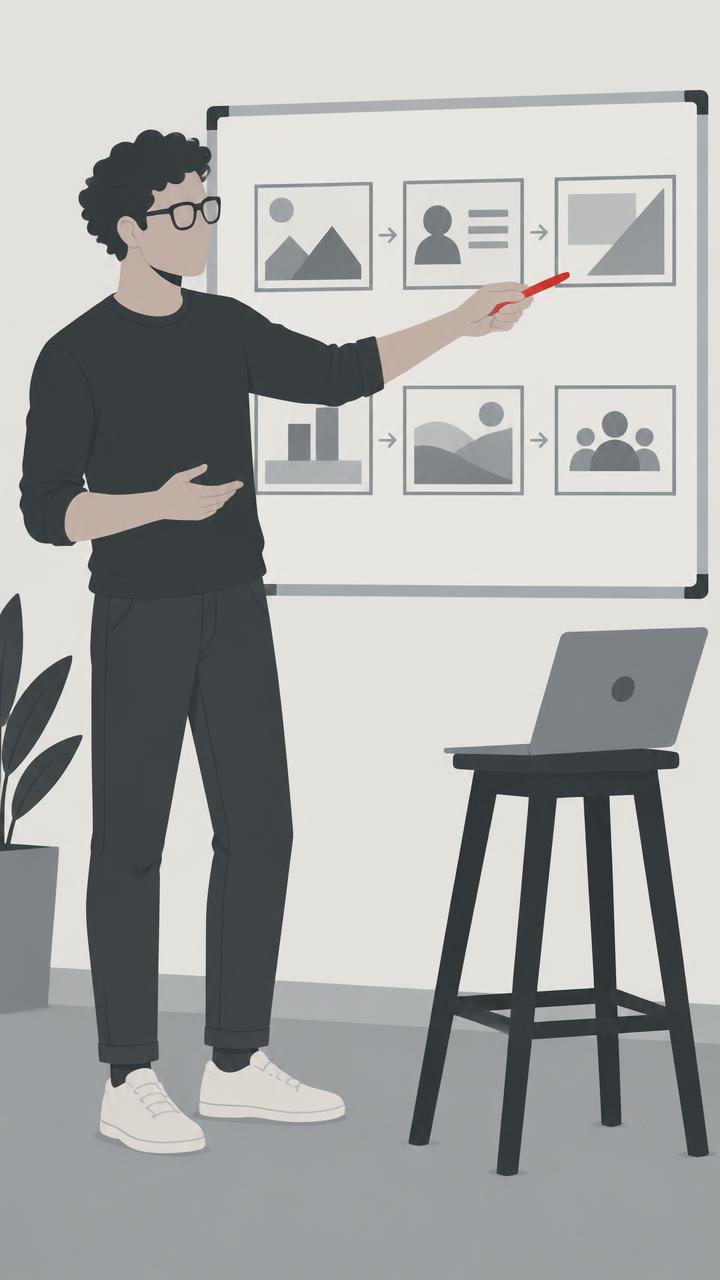 Illustration of a creative strategist presenting storyboard frames on a whiteboard